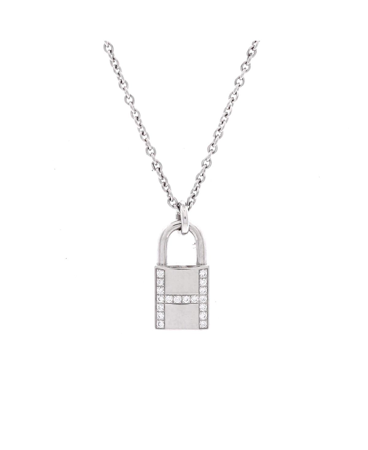 Pre-Owned HERMES Amulettes Cadenas Pendant Necklace 18K White Gold with Diamonds, 15.75