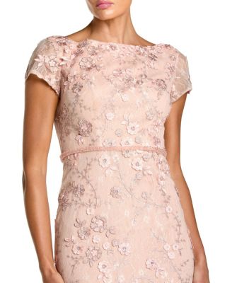  Floral Applique Boat Neck Cap Sleeve Gown