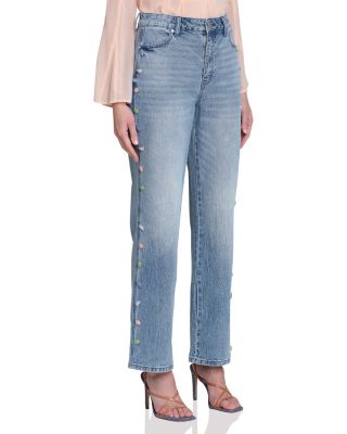 Stone Embellished Stretch Denim Wide Leg Jeans in Flutter Wash