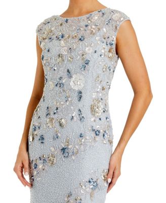  Beaded High Neck Cap Sleeve Column Gown