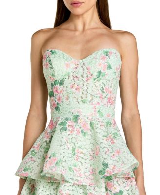  Floral Net Strapless Tiered Ruffle Midi Dress