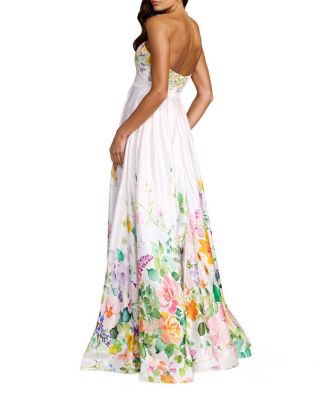  Floral Print Strapless Satin A Line Gown With Pockets