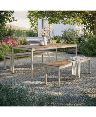 Finn Outdoor Patio Aluminum Faux Wood Dining with Benches, Set of 3