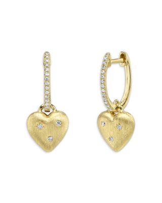 14K Yellow Gold Diamond Heart Dangle Hoop Earrings