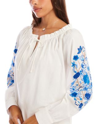 Embroidered Blouson Sleeve Tie Neck Peasant Top