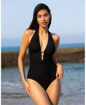  Gabrielle Ring Halter Textured One-Piece Swimsuit