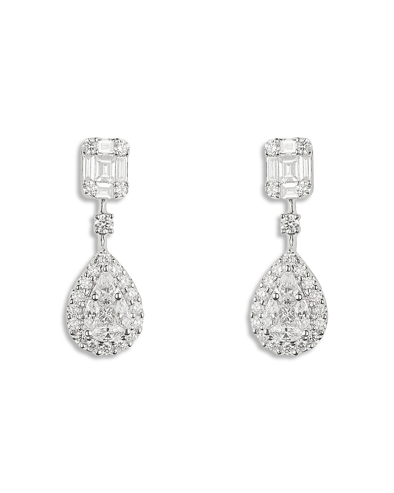 Zydo 18K White Gold Mosaic Diamond Mixed Cut Drop Earrings