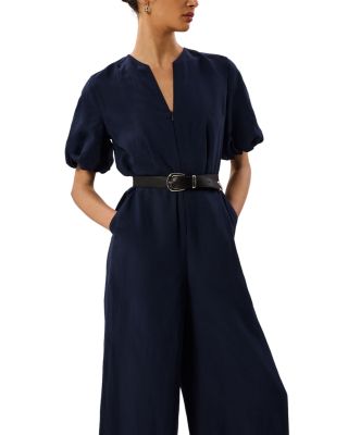 Whistles Linen Blend Tie Waist Jumpsuit Navy Size 6