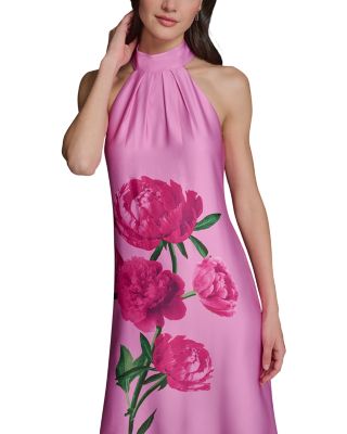 Floral Print Satin Crepe Halter Midi Dress