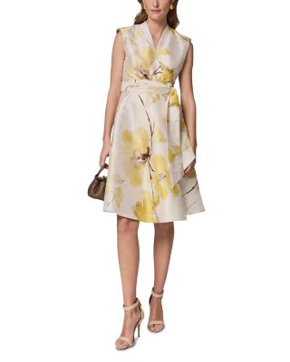 Sleeveless V Neck Jacquard Faux Wrap A Line Dress