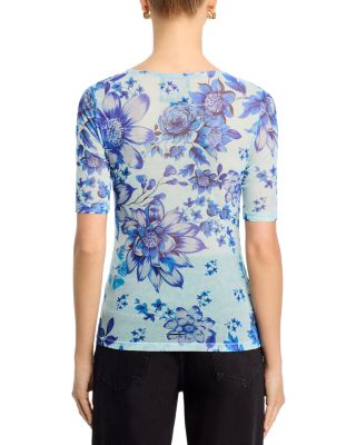 Elbow Sleeve Boat Neck Mesh Top