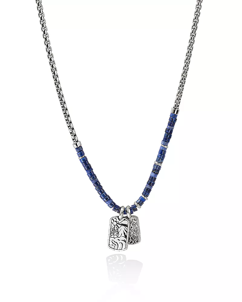 John Hardy Men's Sterling Silver Heishi Lapis Lazuli Tag Pendant Necklace, 22