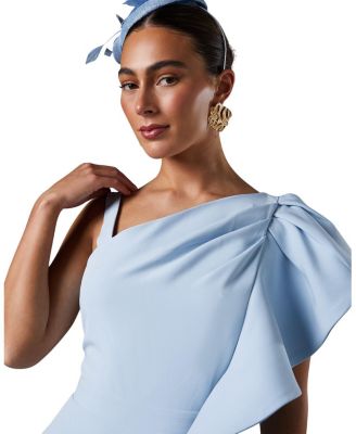  One Shoulder Crepe Ruffle Midi Dress