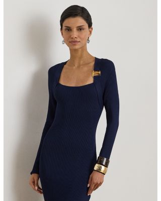 Buckle Trim Rib Knit Sweater Dress