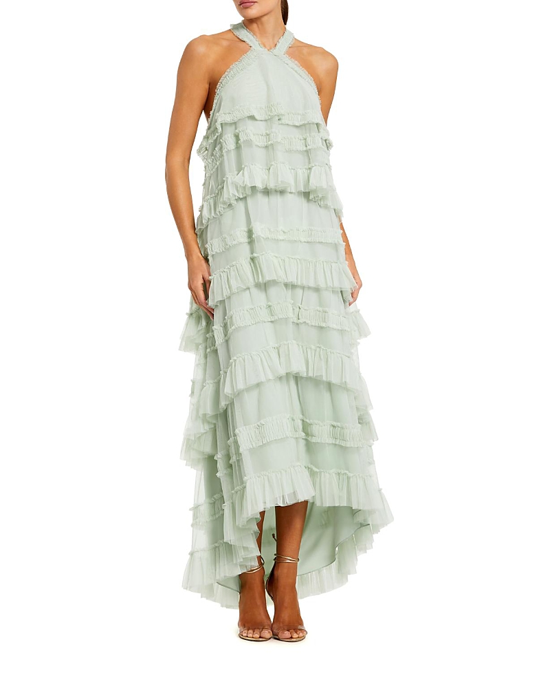 Mac Duggal Dot Mesh Ruffle Halter Neck Ankle Dress