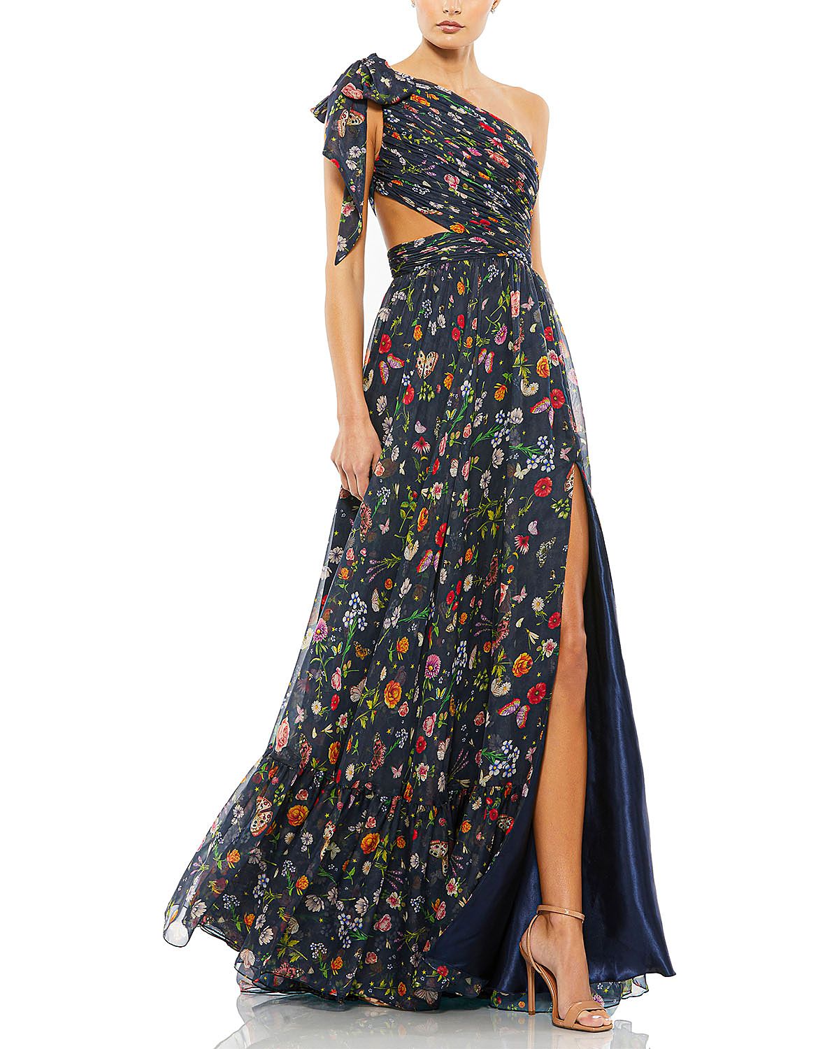 Mac Duggal Petite Tied One Shoulder Cut Out Flowy Gown