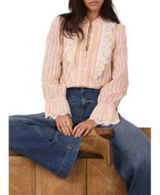  Women's Striped Broderie Trim Blouse