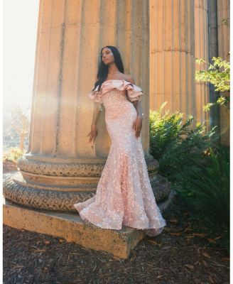  Beaded Mermaid Gown With Off The Shoulder Ruffle