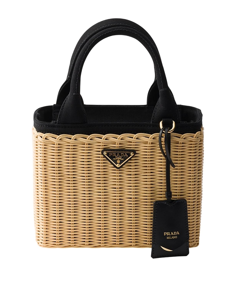 Prada Small Wicker And Canvas Tote Bag