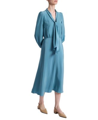  Jenn Long Sleeve Silk Midi Tie-Neck Dress