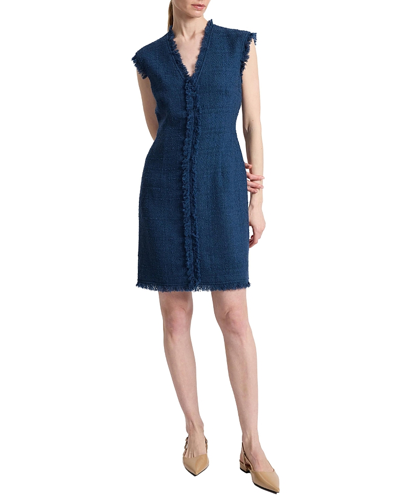 Santorelli Tuscany Sleeveless V-Neck Tweed Dress with Fringe Detail