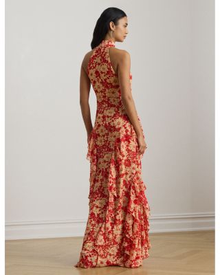 Floral Ruffle Trim Georgette Halter Gown