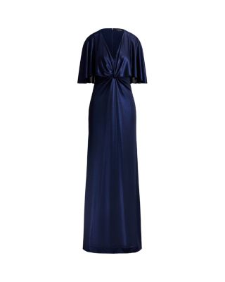 Metallic Jersey Twist Front Cape Gown