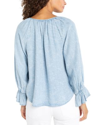 Three Quarter Sleeve Button Front Shirred Woven Top
