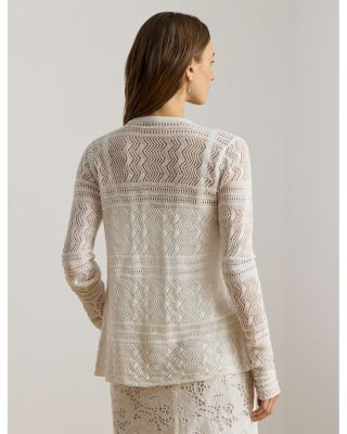 Pointelle Linen-Blend V Neck Cardigan Sweater