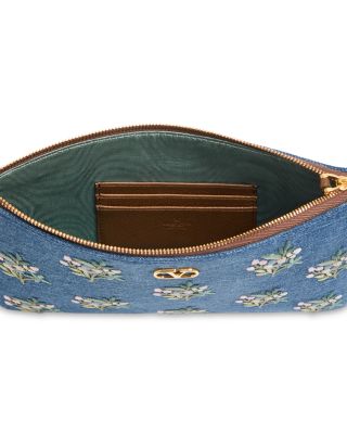 Medium Floral Embroidered Denim Flat Pouch  