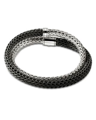 Sterling Silver Icon Black Leather Braid Double Wrap Bracelet