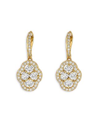 18K Yellow Gold Maison Diamond Halo Cluster Leverback Drop Earrings