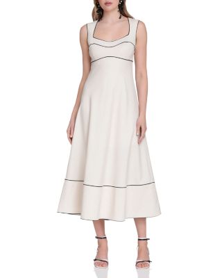 Stretch Linen Blend Contrast Piping Midi Dress