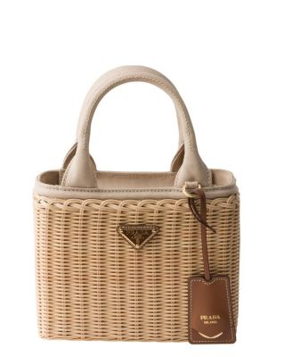 Prada Small Wicker And Canvas Tote Bag