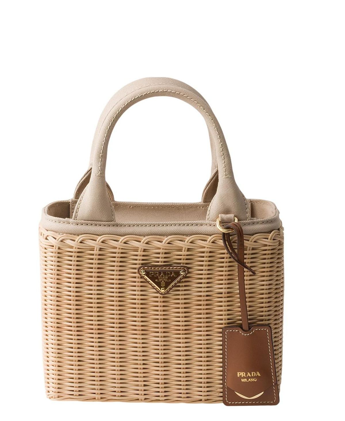 Prada Small Wicker And Canvas Tote Bag