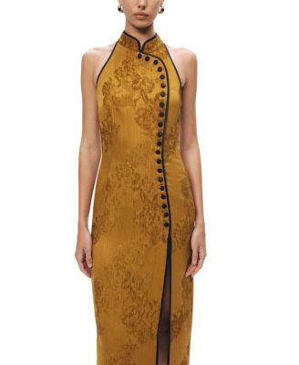  High-Neck Button-Detail Midi Dress