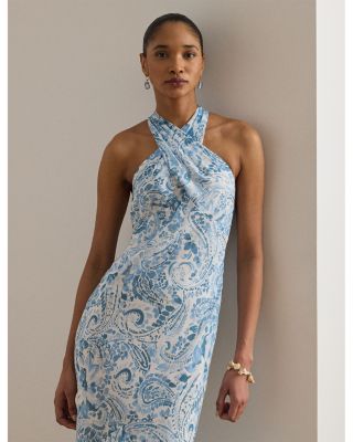 Paisley Crinkle Georgette Halter Gown