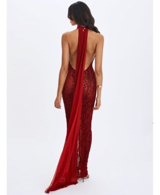  Cerise Burnout Velvet Multiwear Mesh Ribbon Maxi Dress