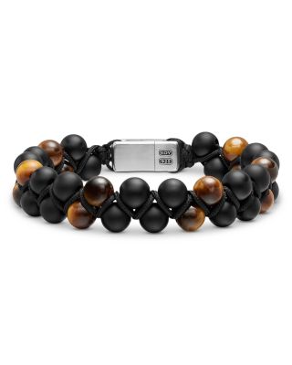 Men's Spiritual Beads Two Row Woven Bracelet Collection with Black Onyx, Tiger's Eye, Black Nylon and Sterling Silver, 8mm