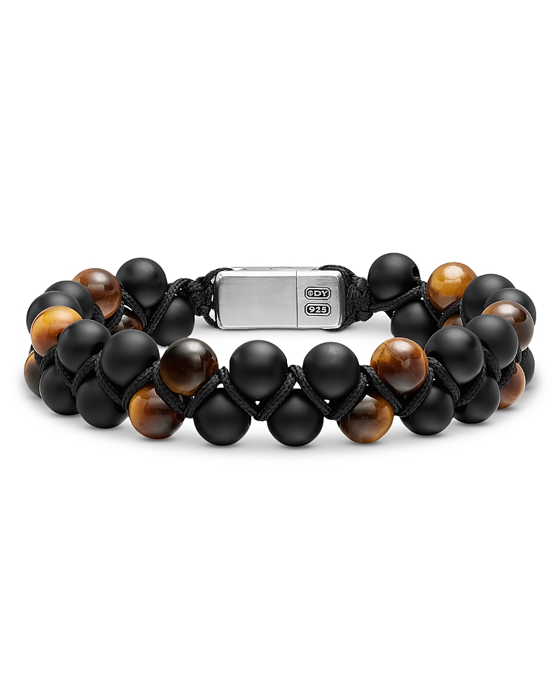 Men's Spiritual Beads Two Row Woven Bracelet with Black Onyx, Tiger's Eye, Black Nylon and Sterling Silver, 8mm