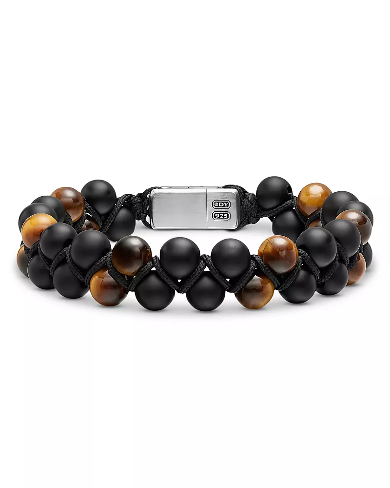 Men's Spiritual Beads Two Row Woven Bracelet with Black Onyx, Tiger's Eye, Black Nylon and Sterling Silver, 8mm
