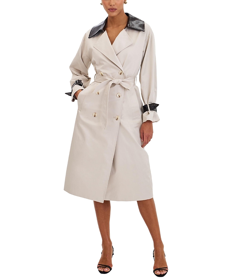 Miss Circle Umber Double-Breasted Faux Leather Lapel Trench Coat