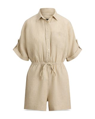 Striped Linen Roll Tab Sleeve Romper