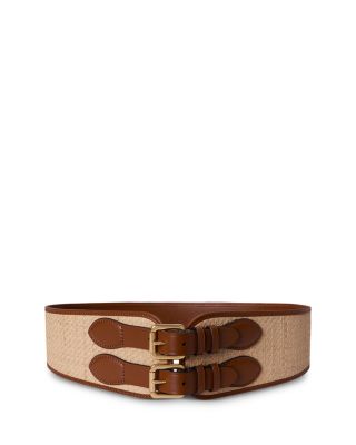 Raffia & Leather Double Buckle Wide Belt