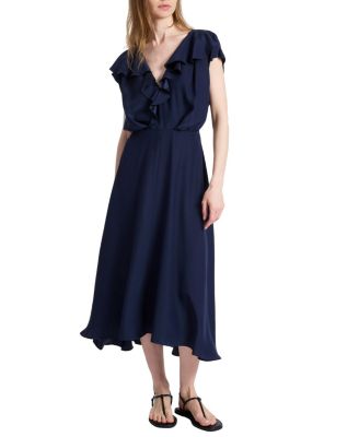  Mandy Ruffled Faux Wrap Silk Midi Dress