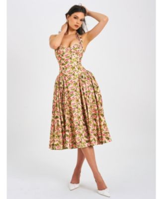  Niya Floral Print Linen Halter Corset Maxi Dress