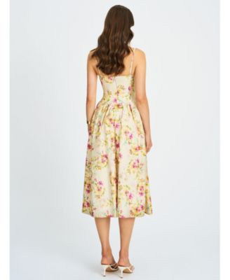  Jacinde Drop Waist Floral Print Linen Midi Dress