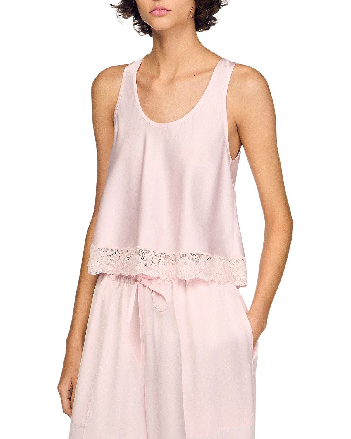 Sandro Satin Top with Lace Trim