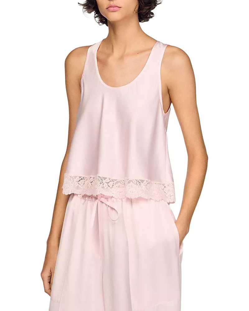 Sandro Satin Top with Lace Trim