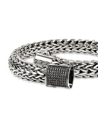 Sterling Silver Icon Black Sapphire Pav&eacute; Clasp Woven Link Bracelet, 10.5mm